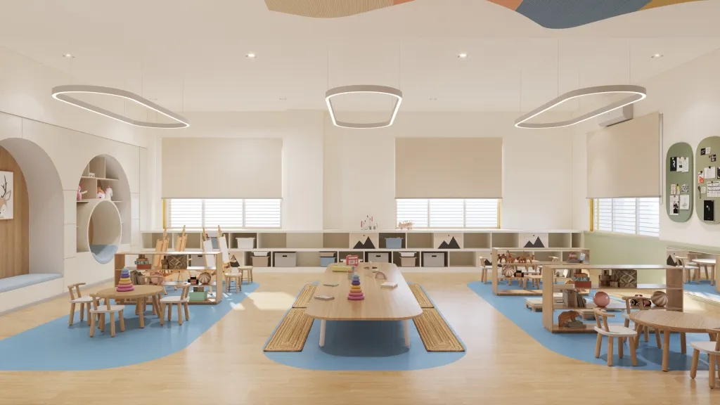 Montessori lab with child-height shelves and materials