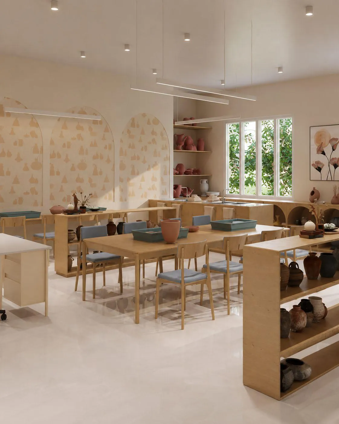 Montessori lab with child-height shelves and materials