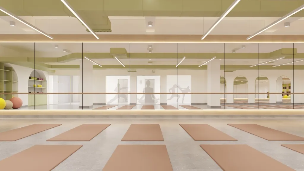 Yoga room with mats and natural light